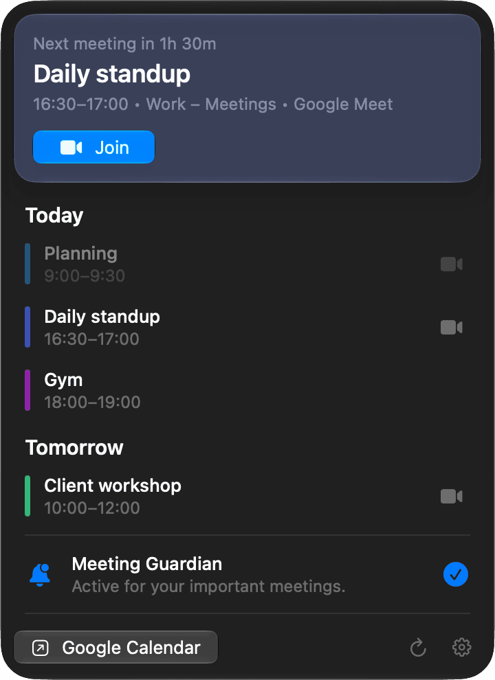 CalendarBar's menu showing the next meeting with a Join button, and today's and tomorrow's events